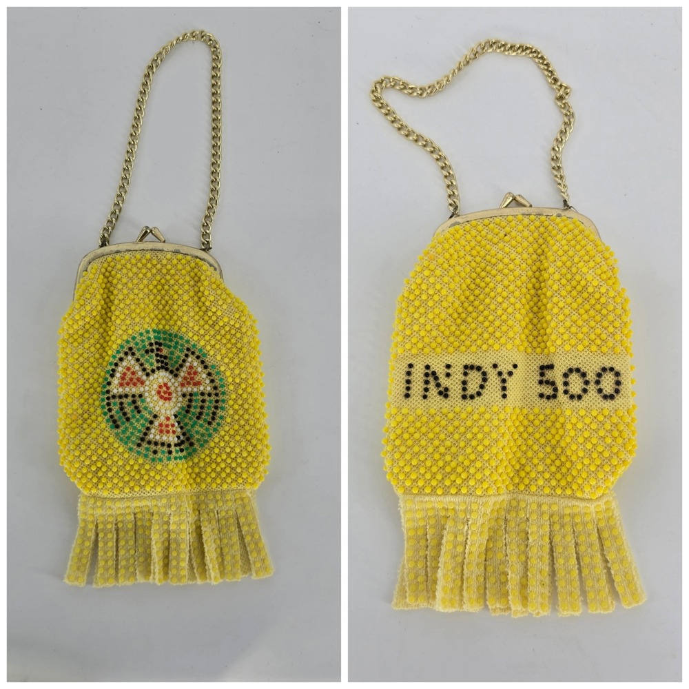 Vintage Thunderbird Indy 500 Beaded Souvenir Purse Yellow Fringe Kiss Lock